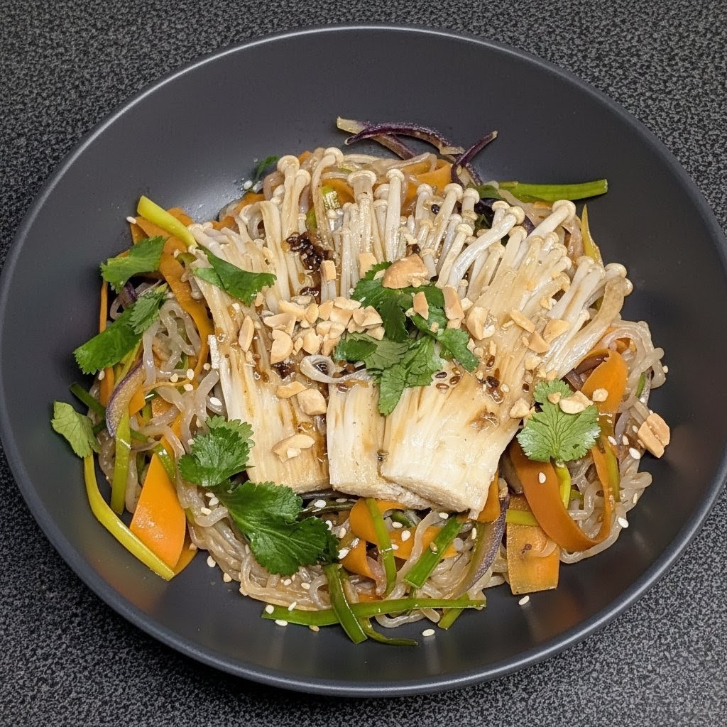 Asiatische Wok-Pfanne mit Konjak-Nudeln, feinen Möhrenstreifen und knusprig gebratenen Enoki-Pilzen, garniert mit frischem Koriander und gehackten Erdnüssen auf einem dunklen Teller.