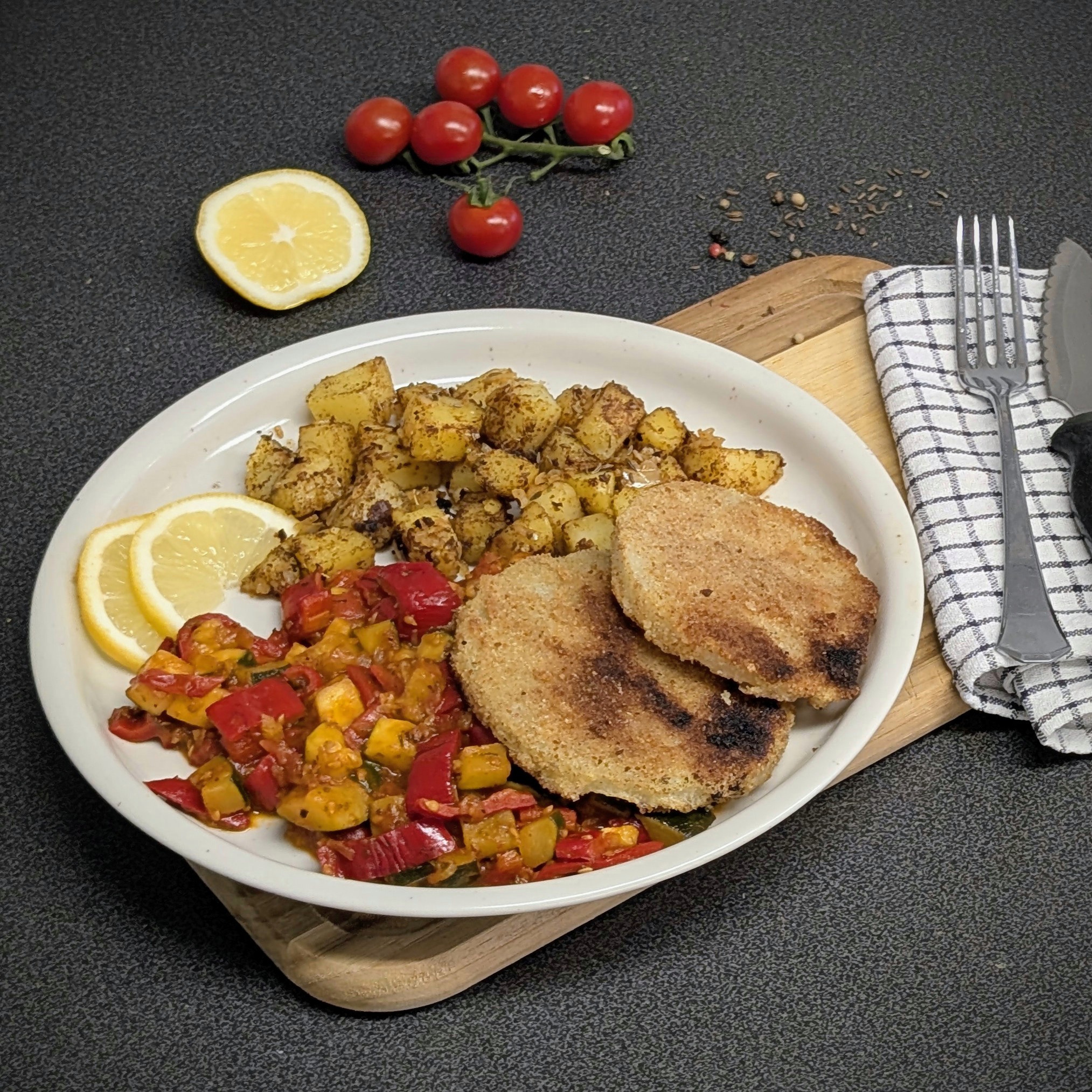 Kohlrabi-Schnitzel auf Paprikagemüse