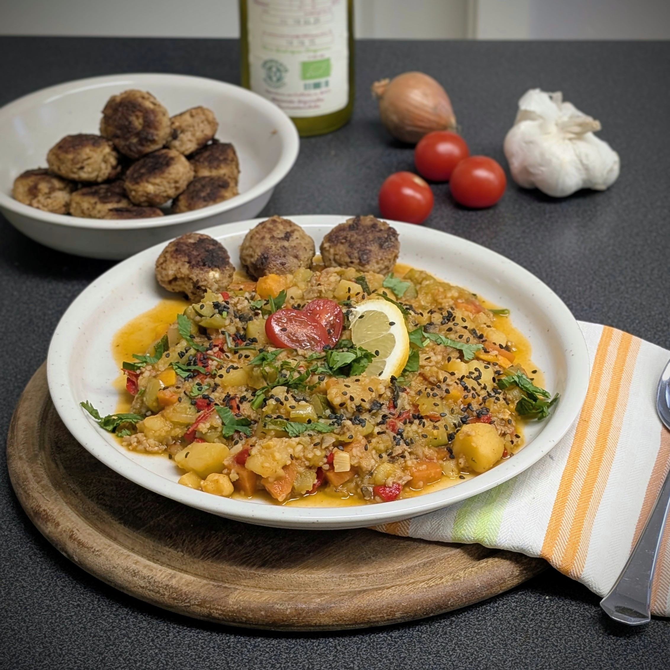 Bunte Paprika-Pfanne mit Hackbällchen und Couscous