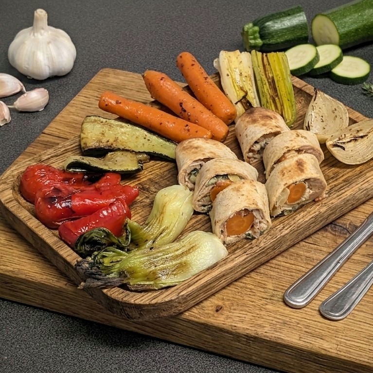 Wrap-Röllchen mit buntem Ofengemüse